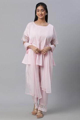 pink solid casual round neck elbow sleeves ankle-length women comfort fit pant kurta dupatta set