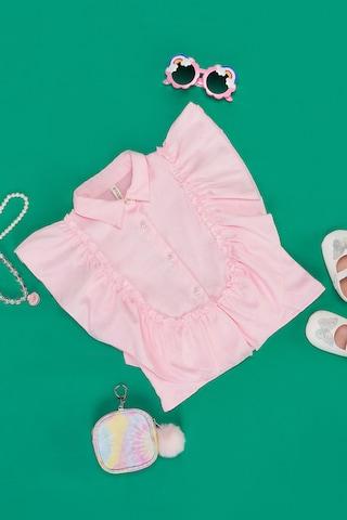 pink solid casual ruffle sleeves regular collar girls regular fit  blouse