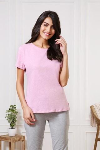 pink solid casual short sleeves round neck women relaxed fit t-shirt