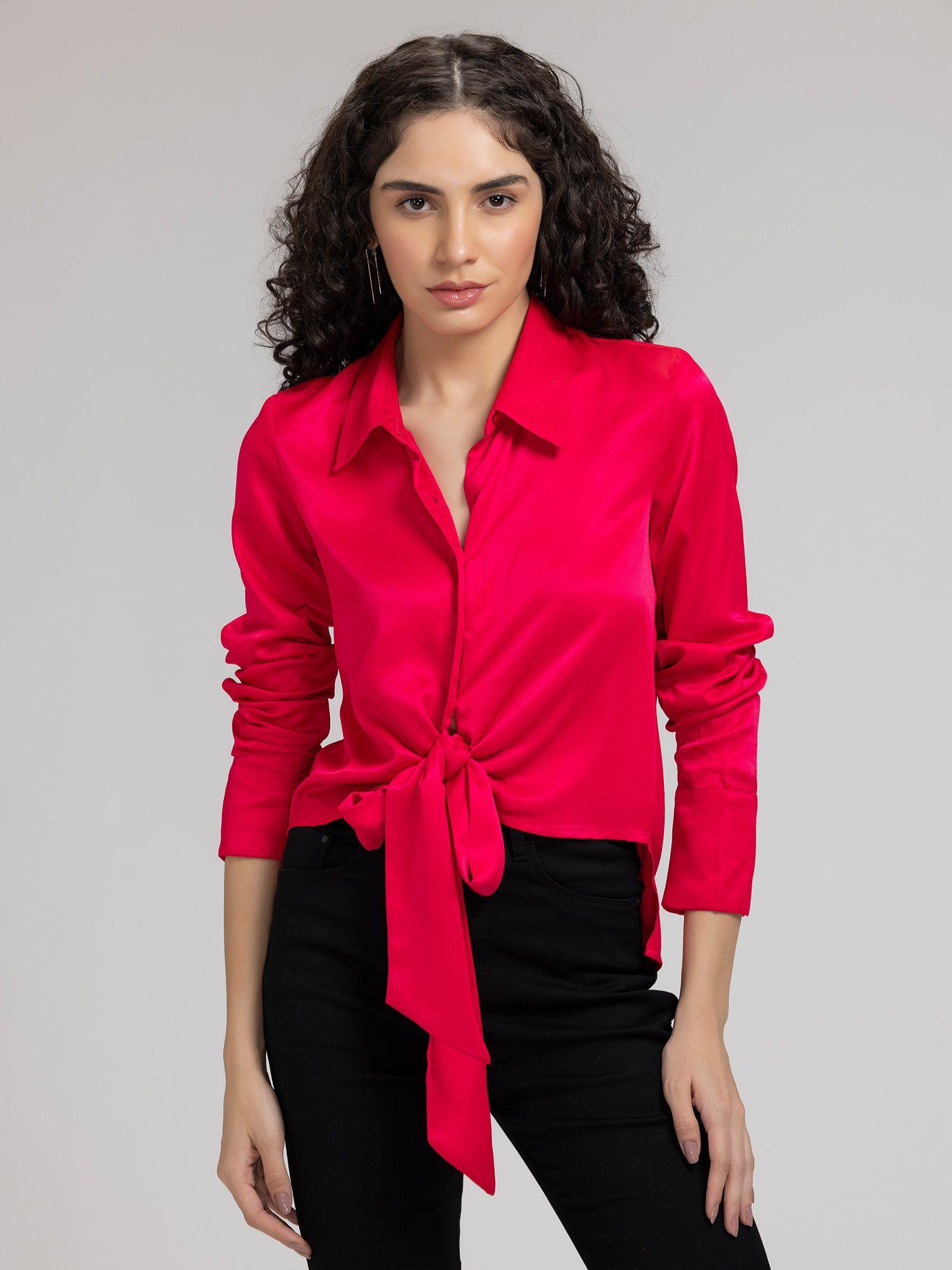 pink solid collar neck long sleeves party shirt for women