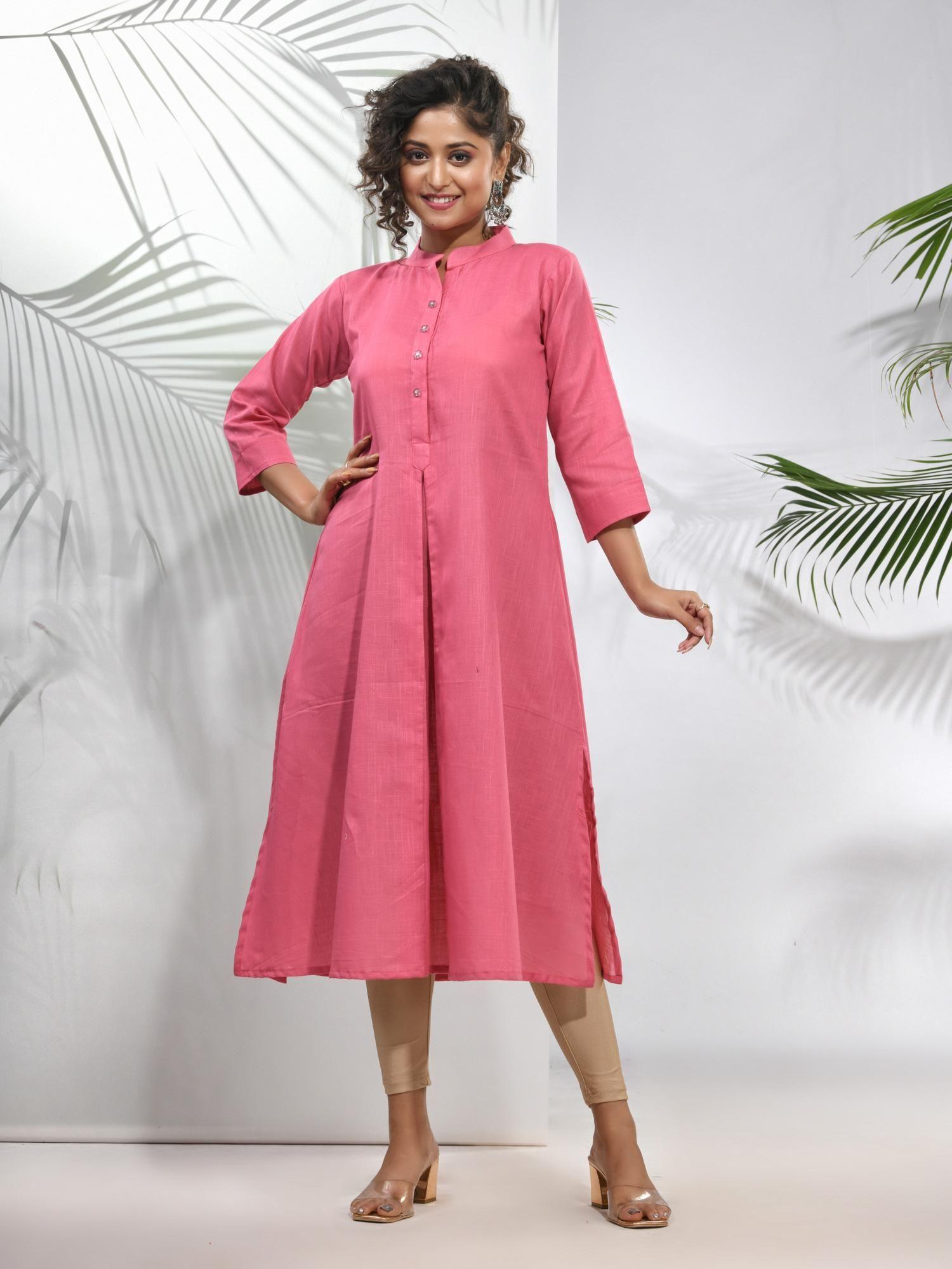 pink solid cotton a-line kurta