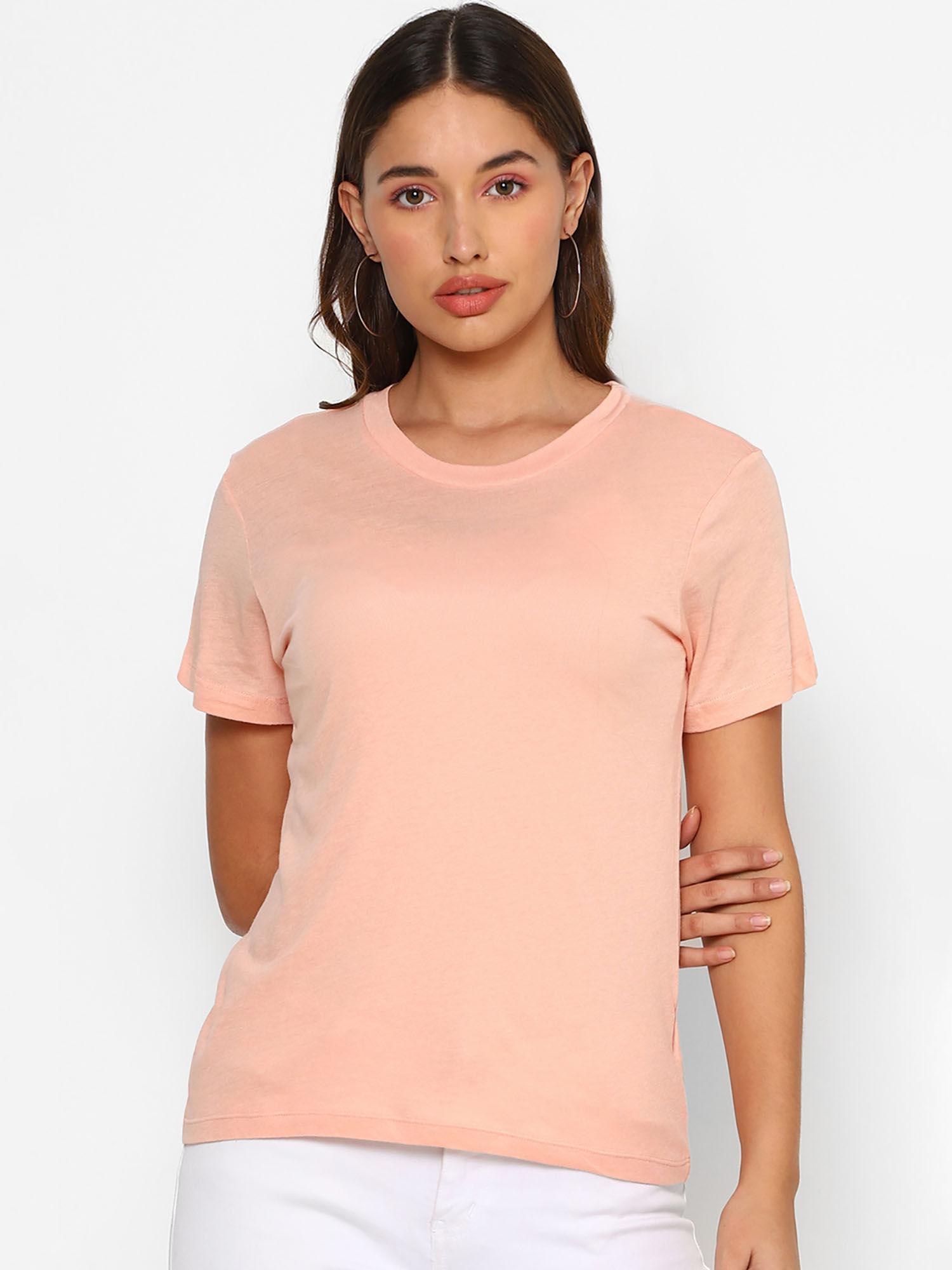 pink solid cotton-blend crew neck tee