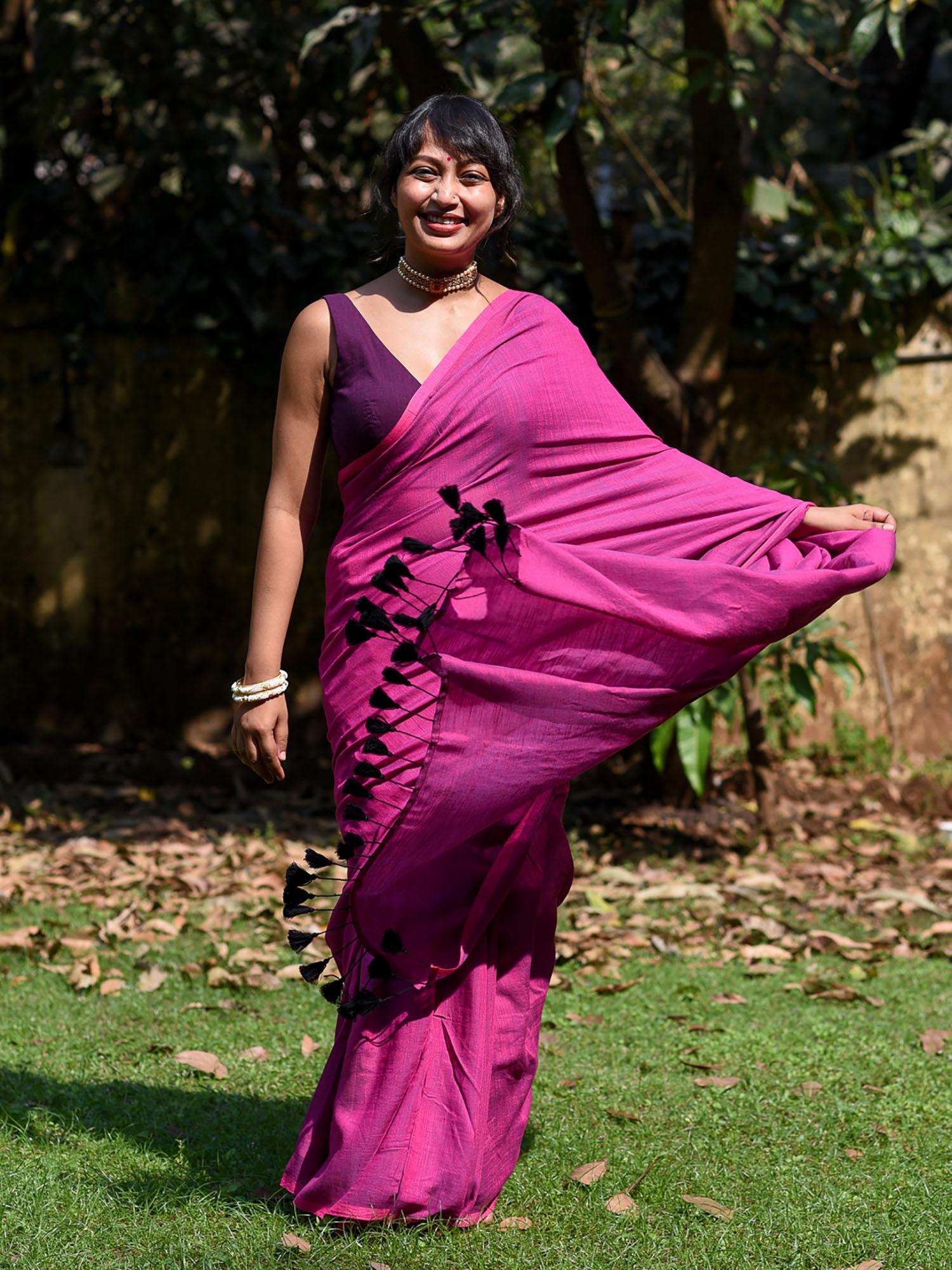 pink solid cotton blend saree