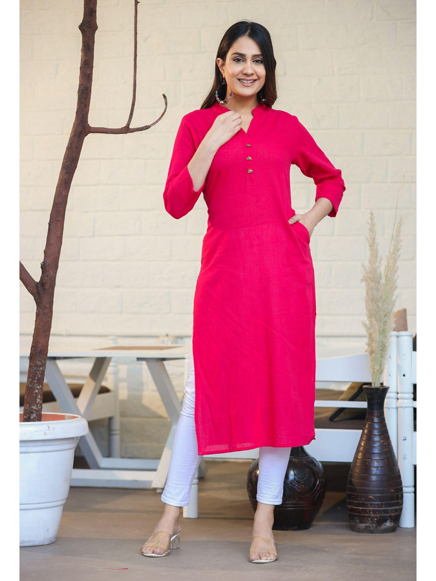 pink solid cotton casual kurta