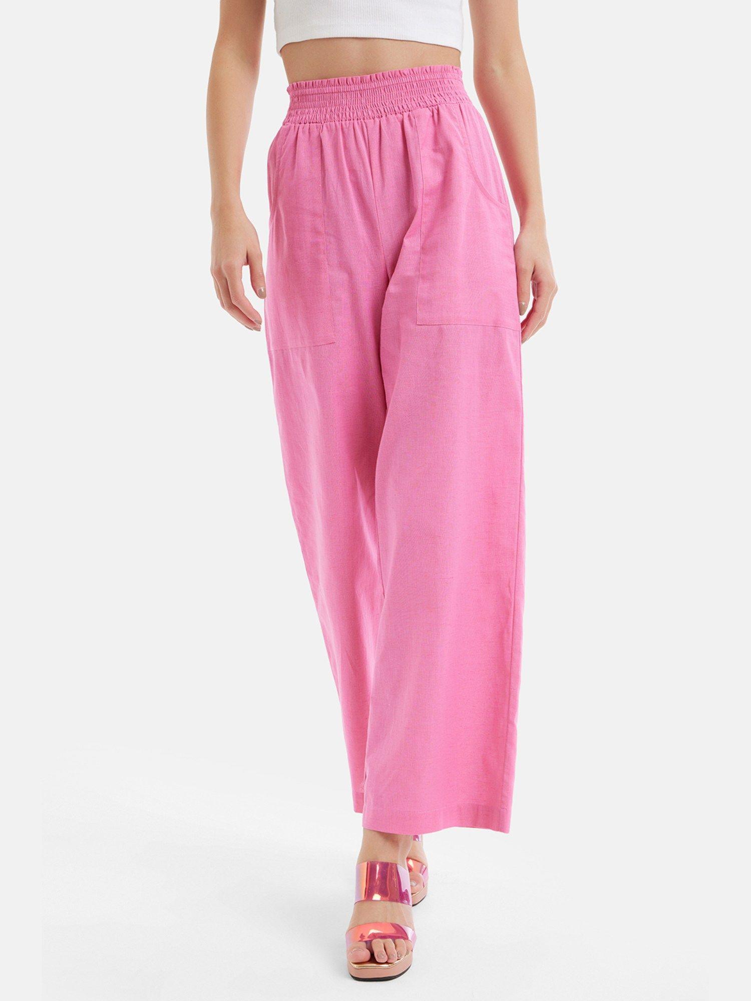 pink solid cotton elastic trousers