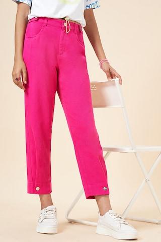 pink solid cotton girls regular fit track pants