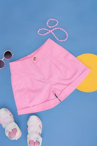pink solid cotton spandex girls regular fit shorts