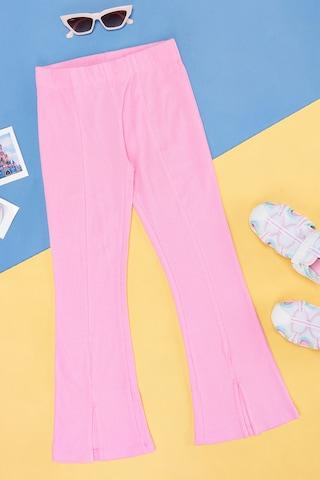 pink solid cotton spandex girls regular fit trousers