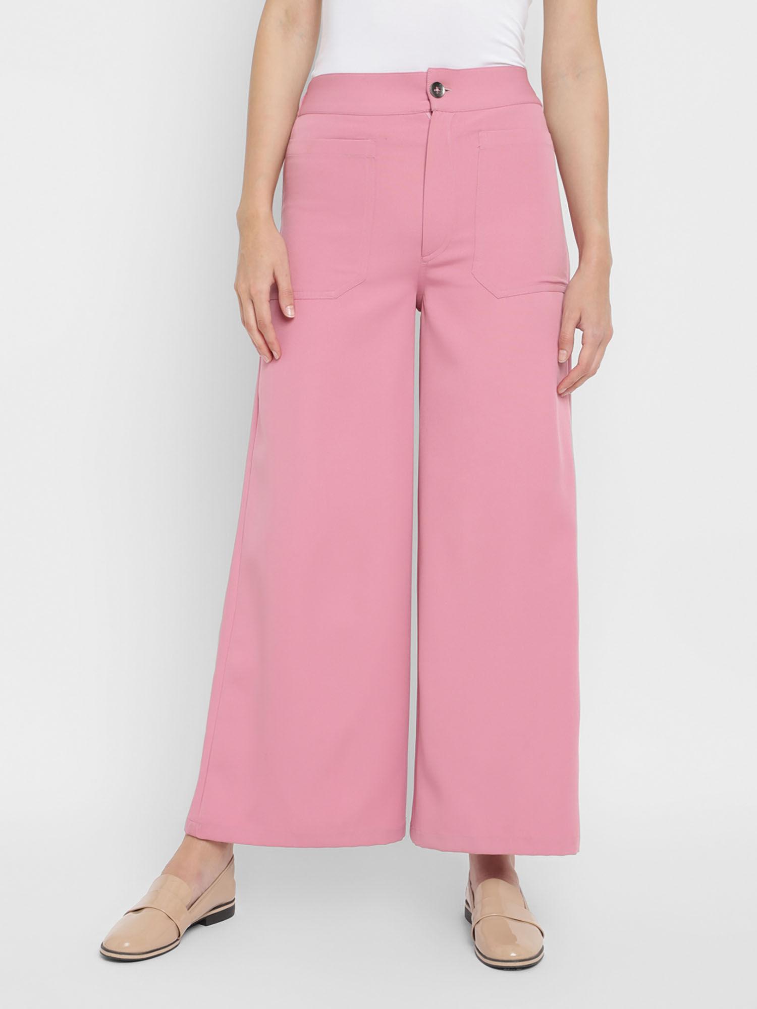 pink solid crepe trousers