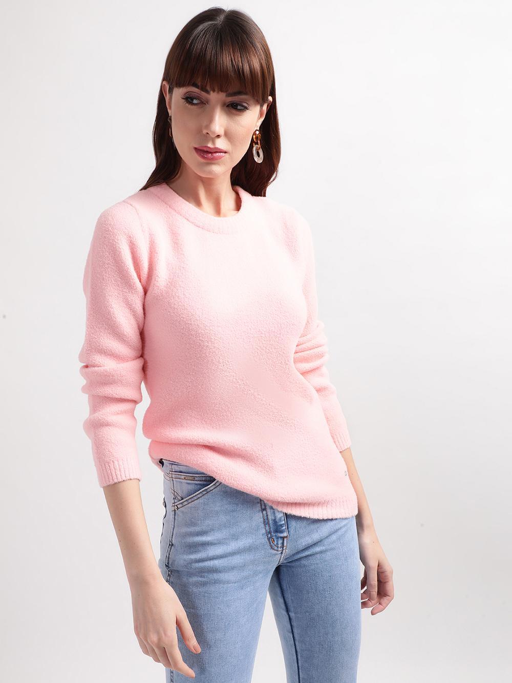 pink solid crew neck sweater