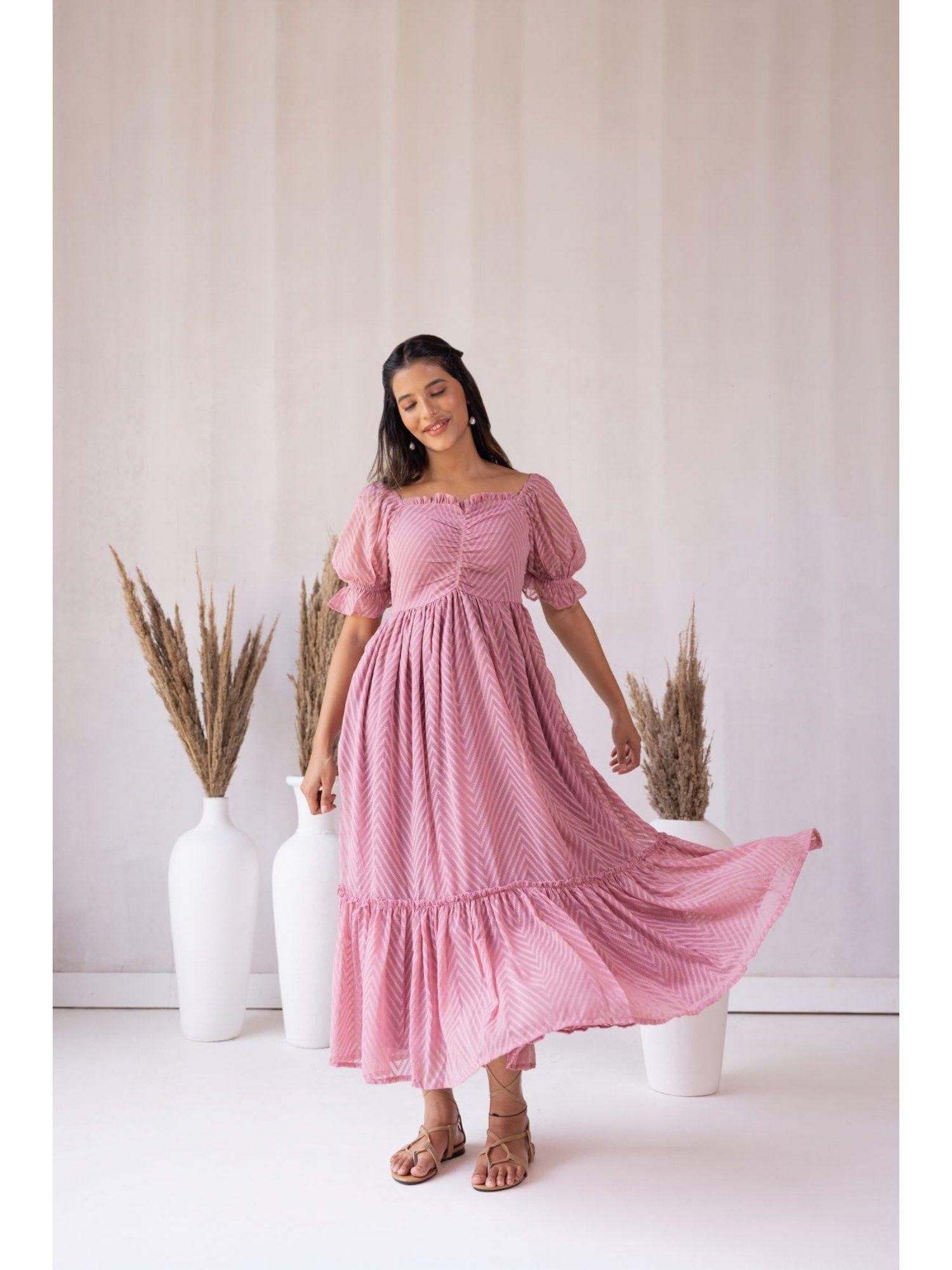 pink solid dobby puff sleeves dress