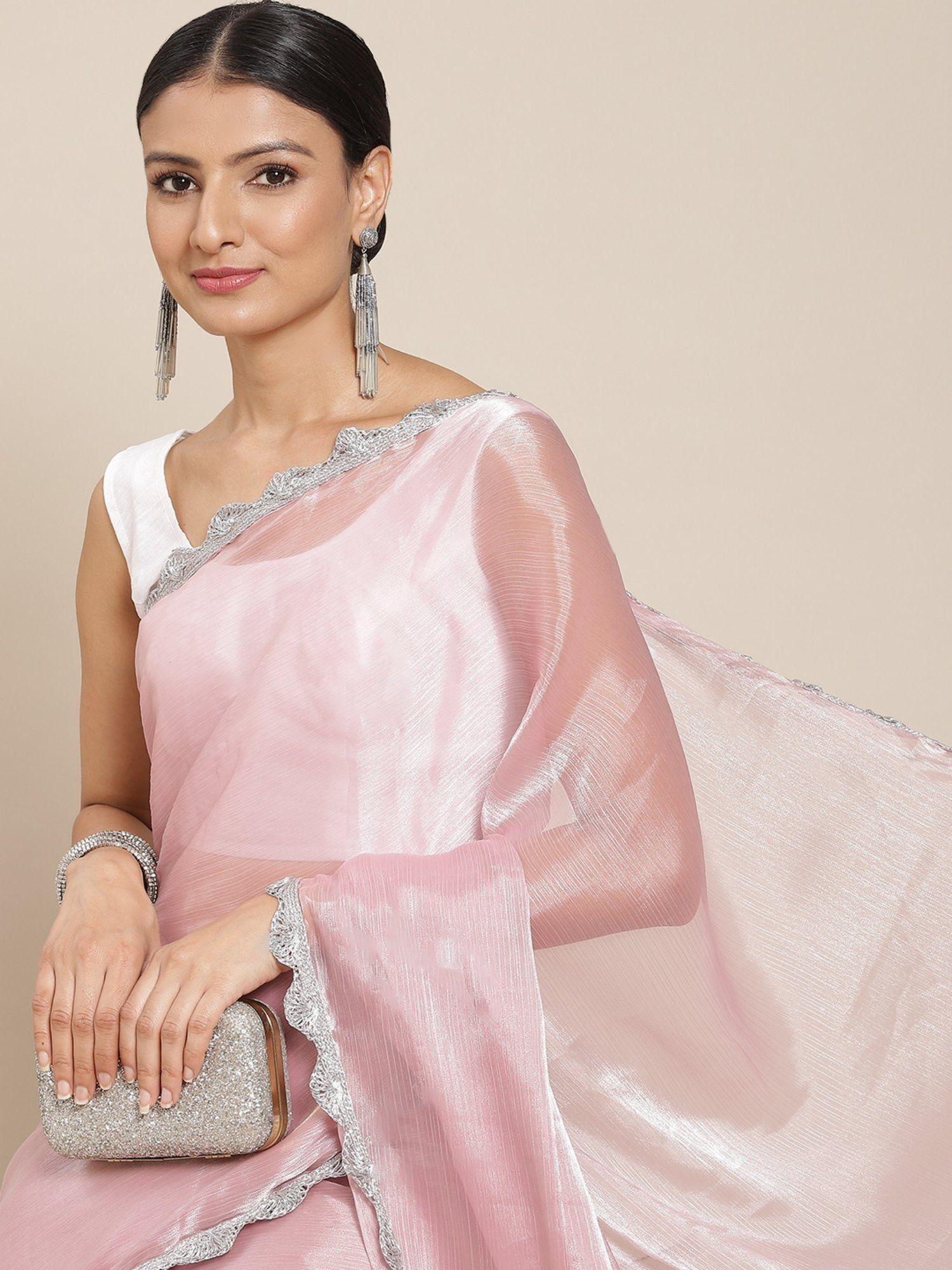 pink solid embellished border chiffon saree with unstitched blouse