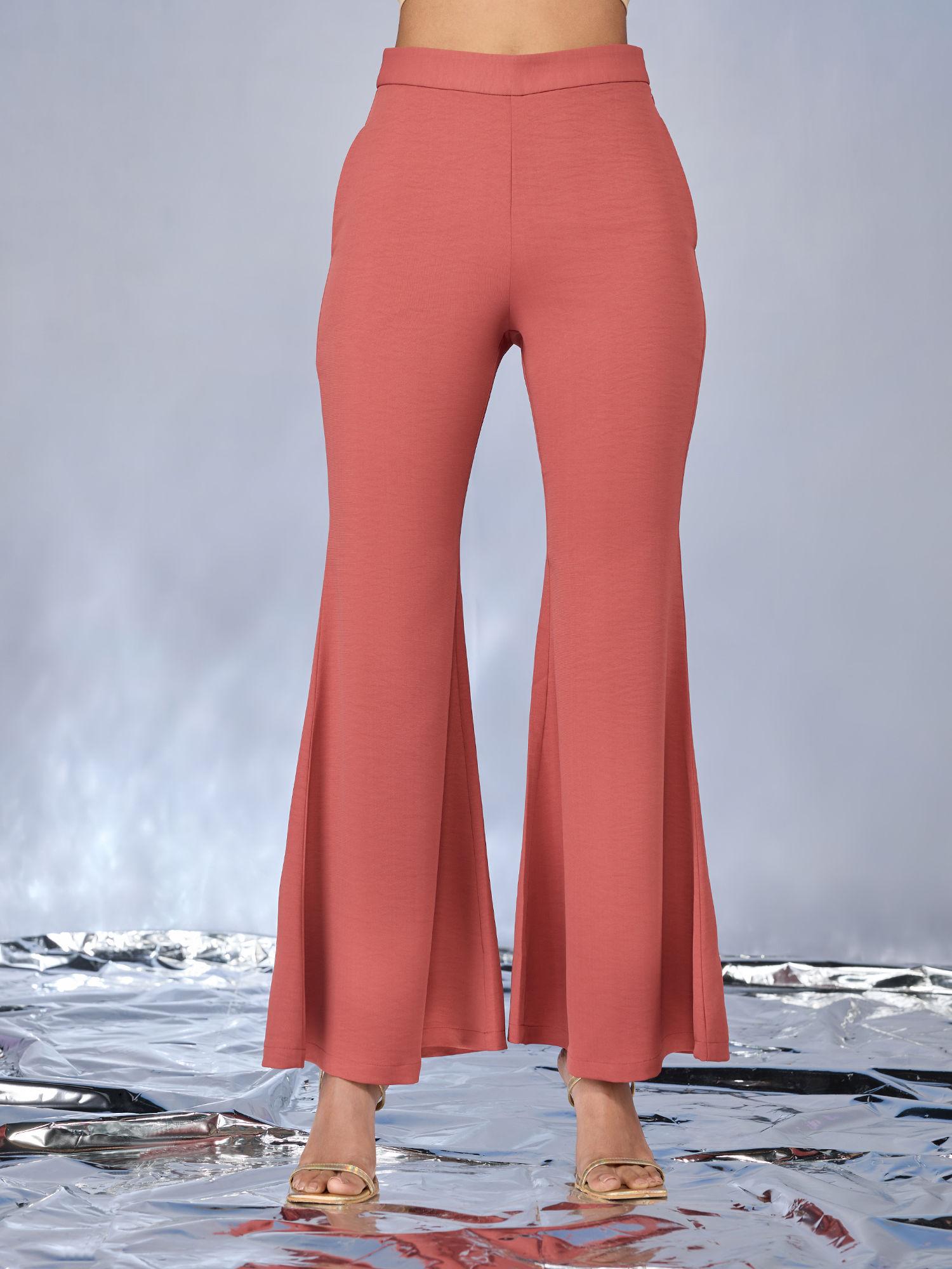 pink solid fit and flare high waist pant