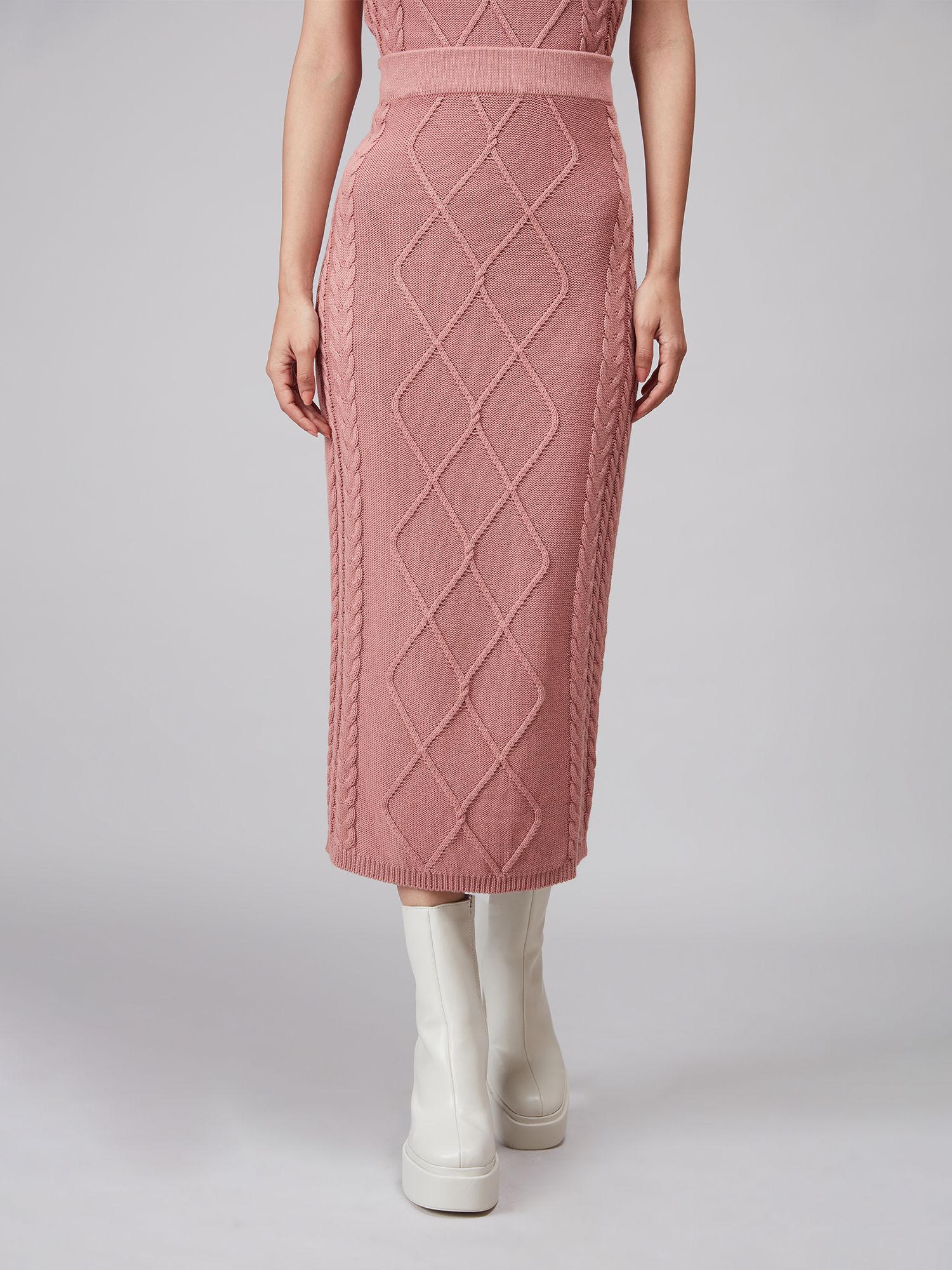 pink solid fitted midi skirt