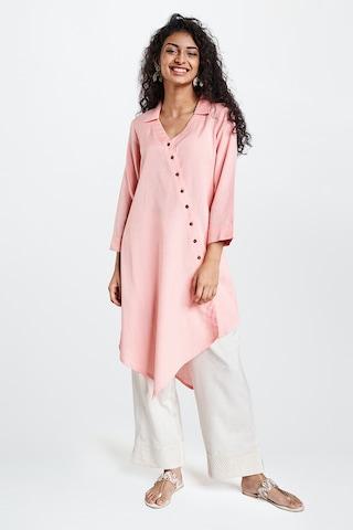 pink solid formal 3/4th sleeves regular collar women regular fit tunic
