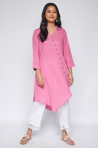 pink solid formal 3/4th sleeves regular collar women regular fit tunic