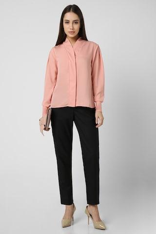 pink solid formal full sleeves v neck women regular fit shirt