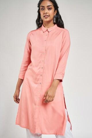 pink solid formal regular collar 3/4th sleeves thigh-length women regular fit kurta