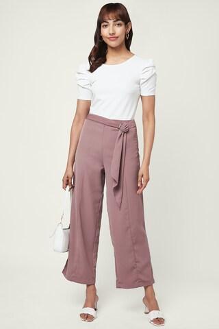 pink solid full length high rise casual women regular fit trousers