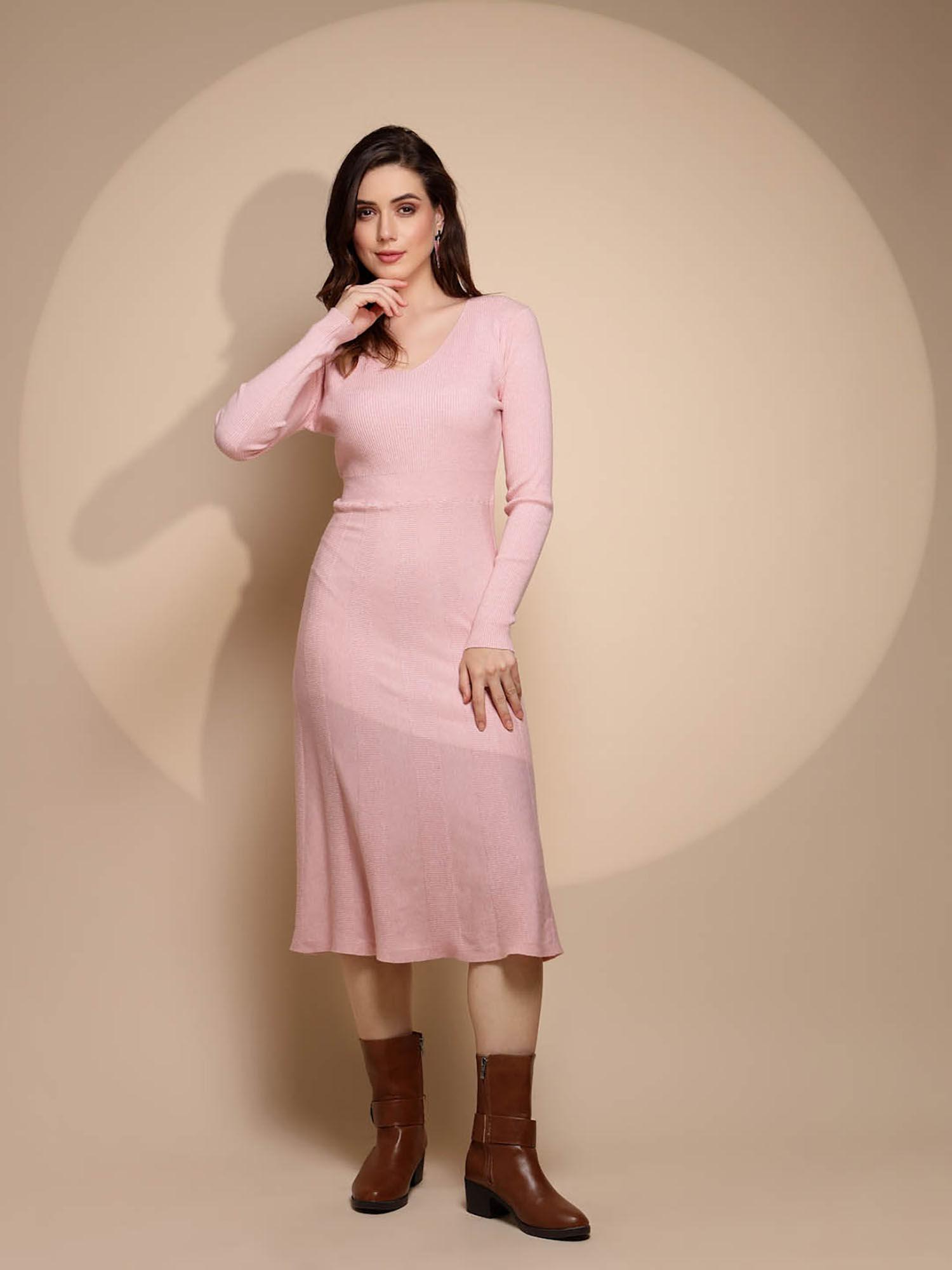 pink solid full sleeve v-neck knit dress