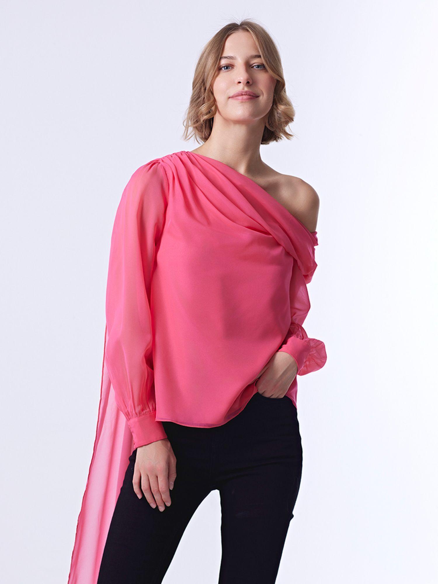 pink solid full sleeves one shoulder top