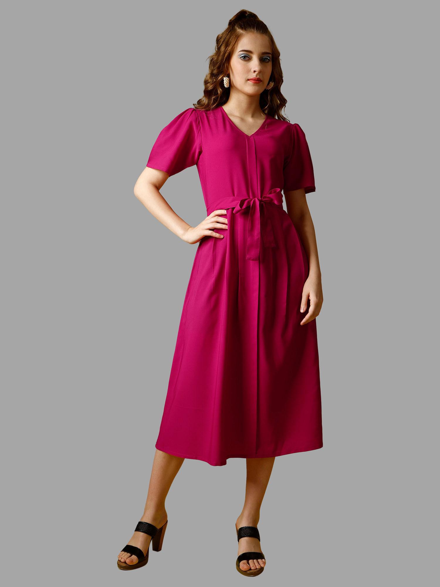 pink solid half sleeve midi dress for women with belt (set of 2)