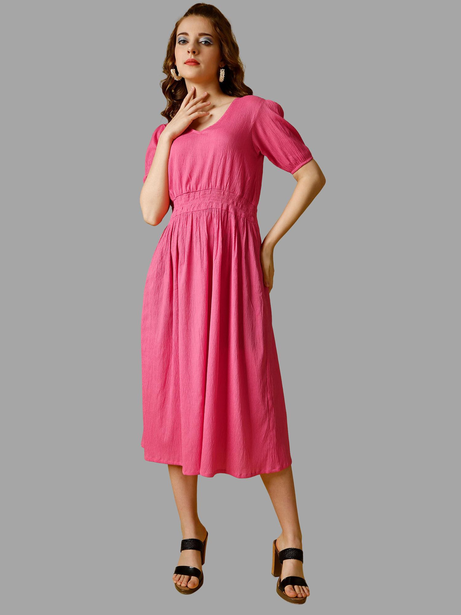 pink solid half sleeve midi dress for women