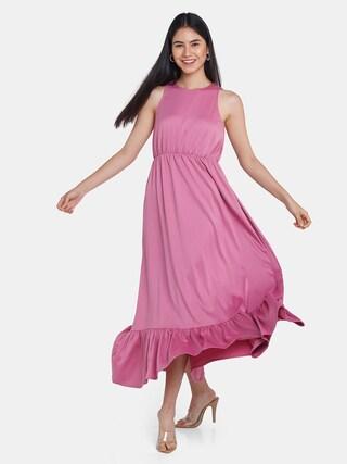pink solid halter neck casual full length sleeveless women regular fit dress