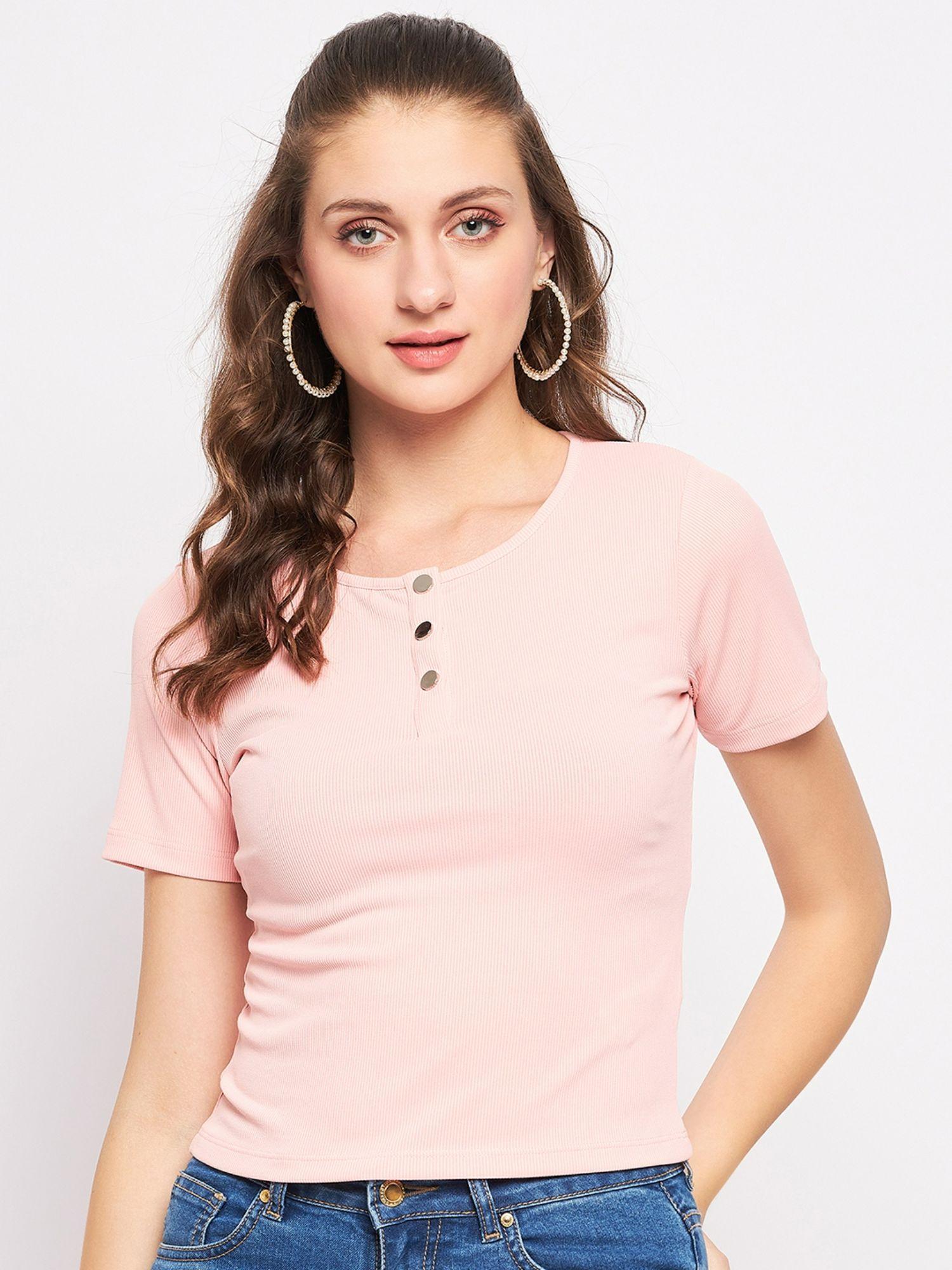 pink solid henley neck tops