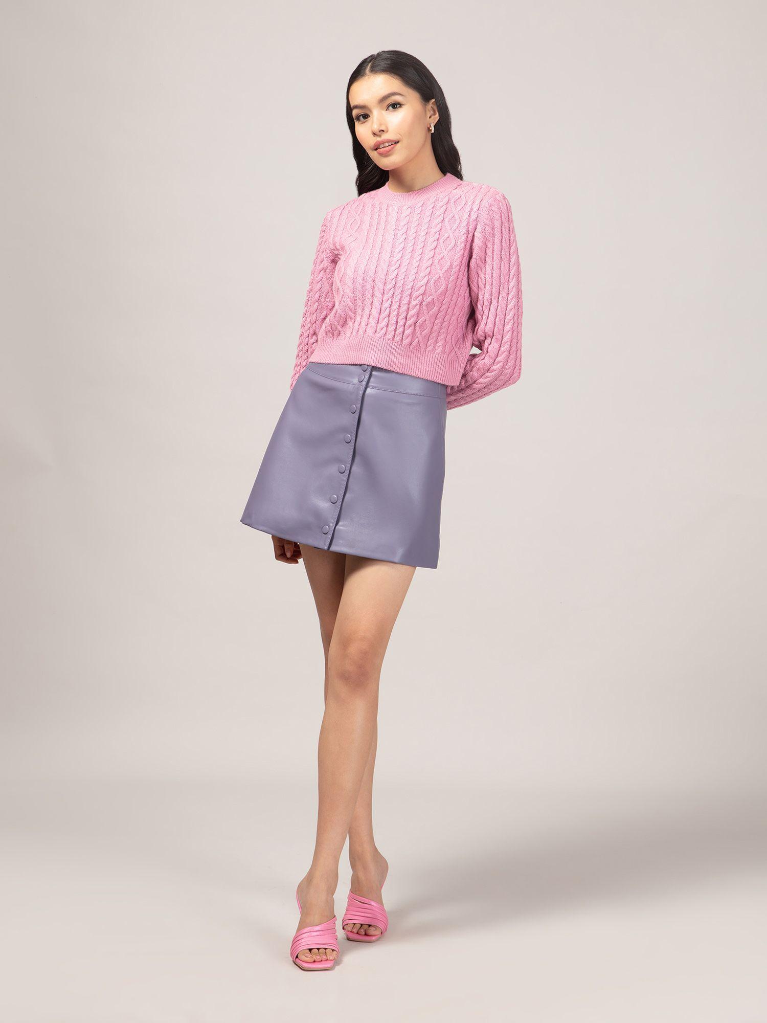 pink solid high neck short sweater