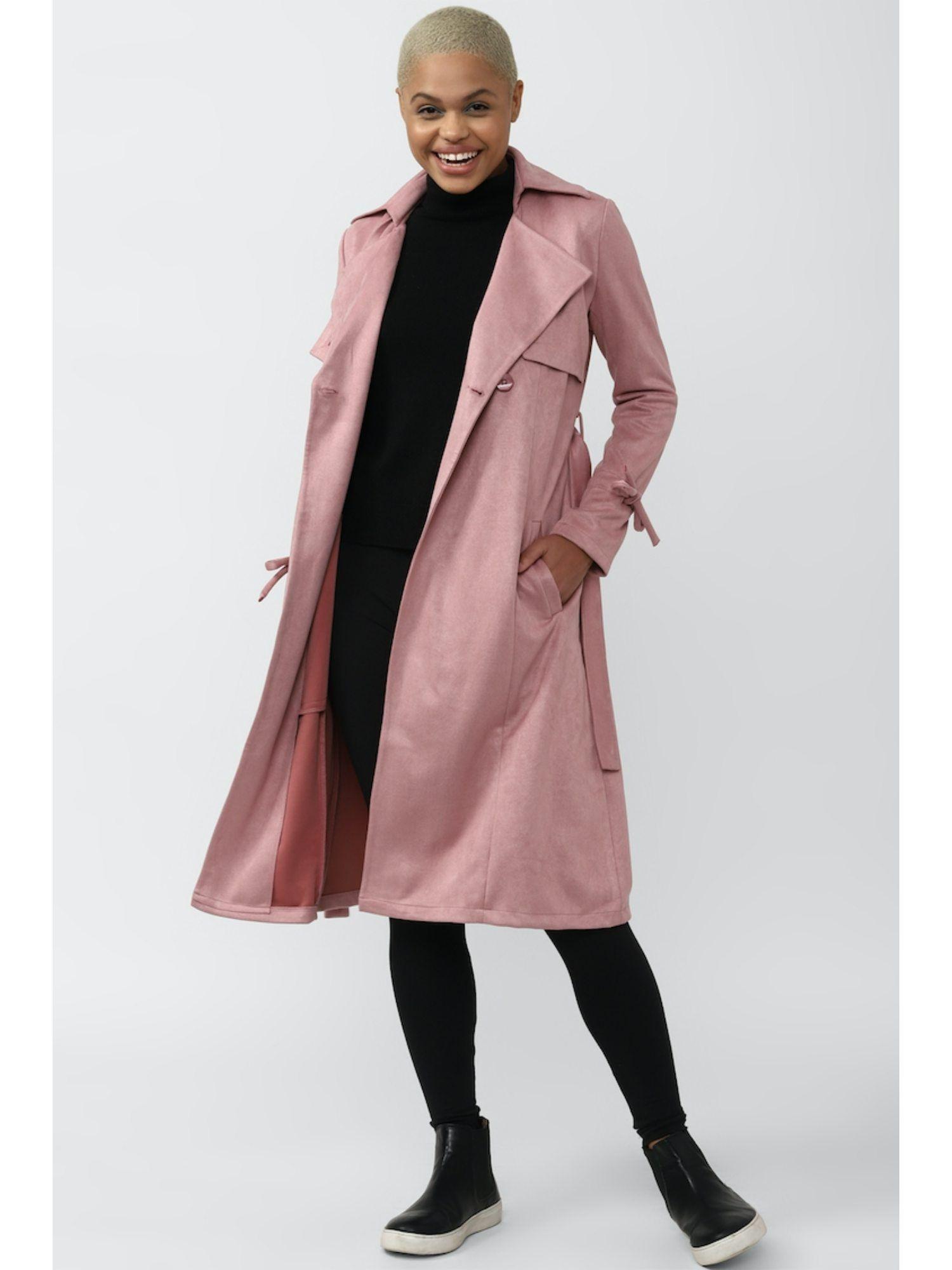 pink solid knee length full sleeve coat