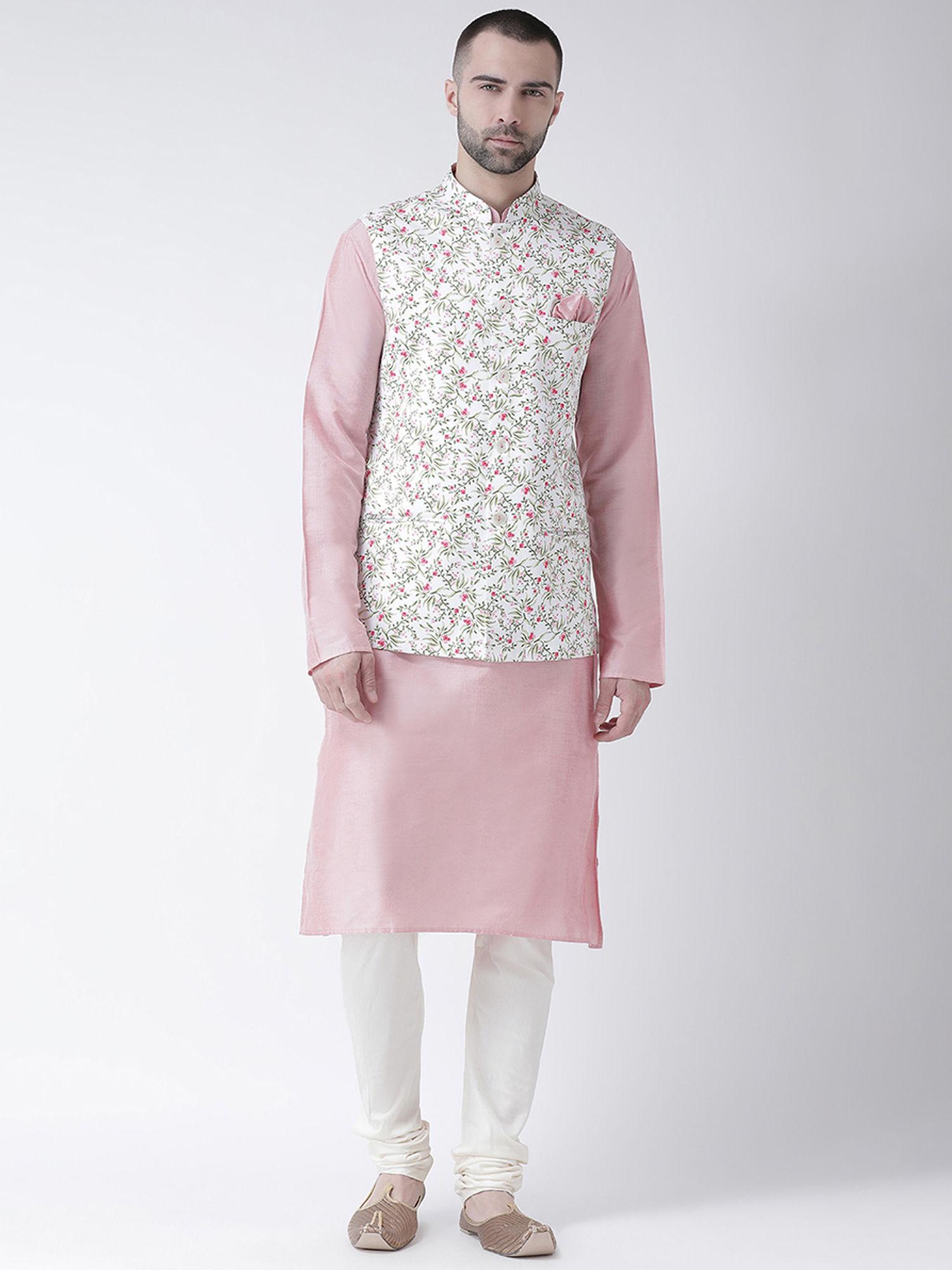 pink solid kurta with churidar and printed nehru jacket (set of 3)