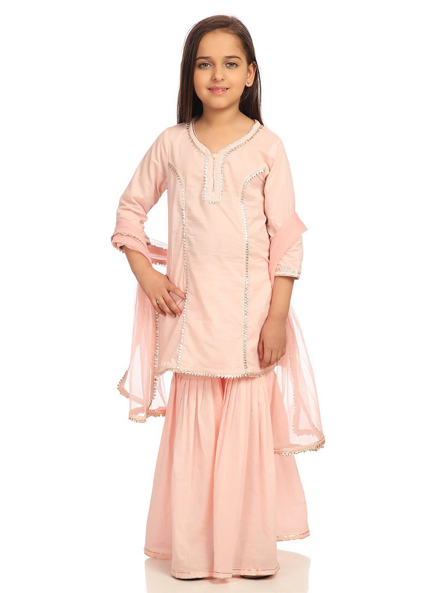 pink solid kurta with sharara and dupatta (set of 3)