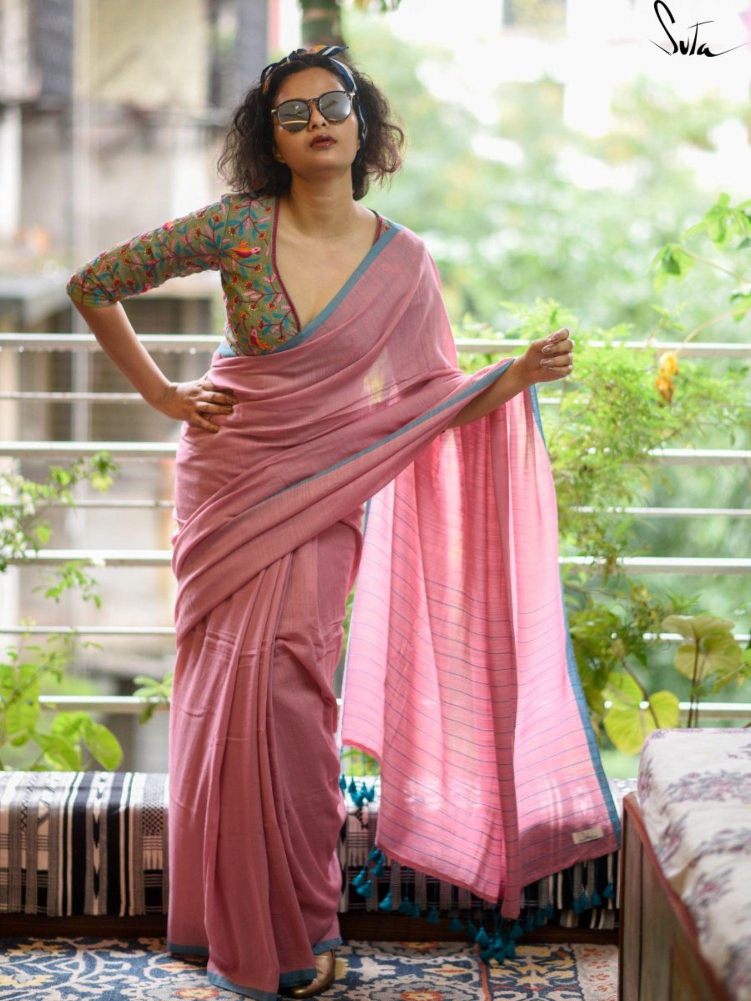 pink solid mul viscose saree without blouse