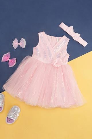 pink solid party sleeveless v-neck baby regular fit  dress