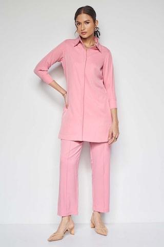 pink solid polyester regular collar women straight fit co-ord sets
