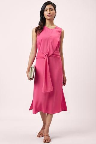 pink solid round neck casual calf-length sleeveless women regular fit dress