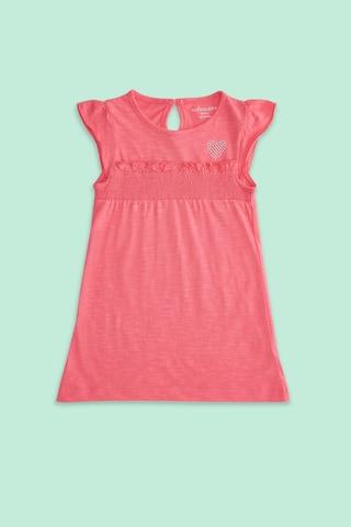 pink solid round neck casual knee length cap sleeves baby regular fit dress