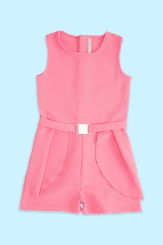 pink solid round neck party knee length sleeveless girls regular fit jumpsuit