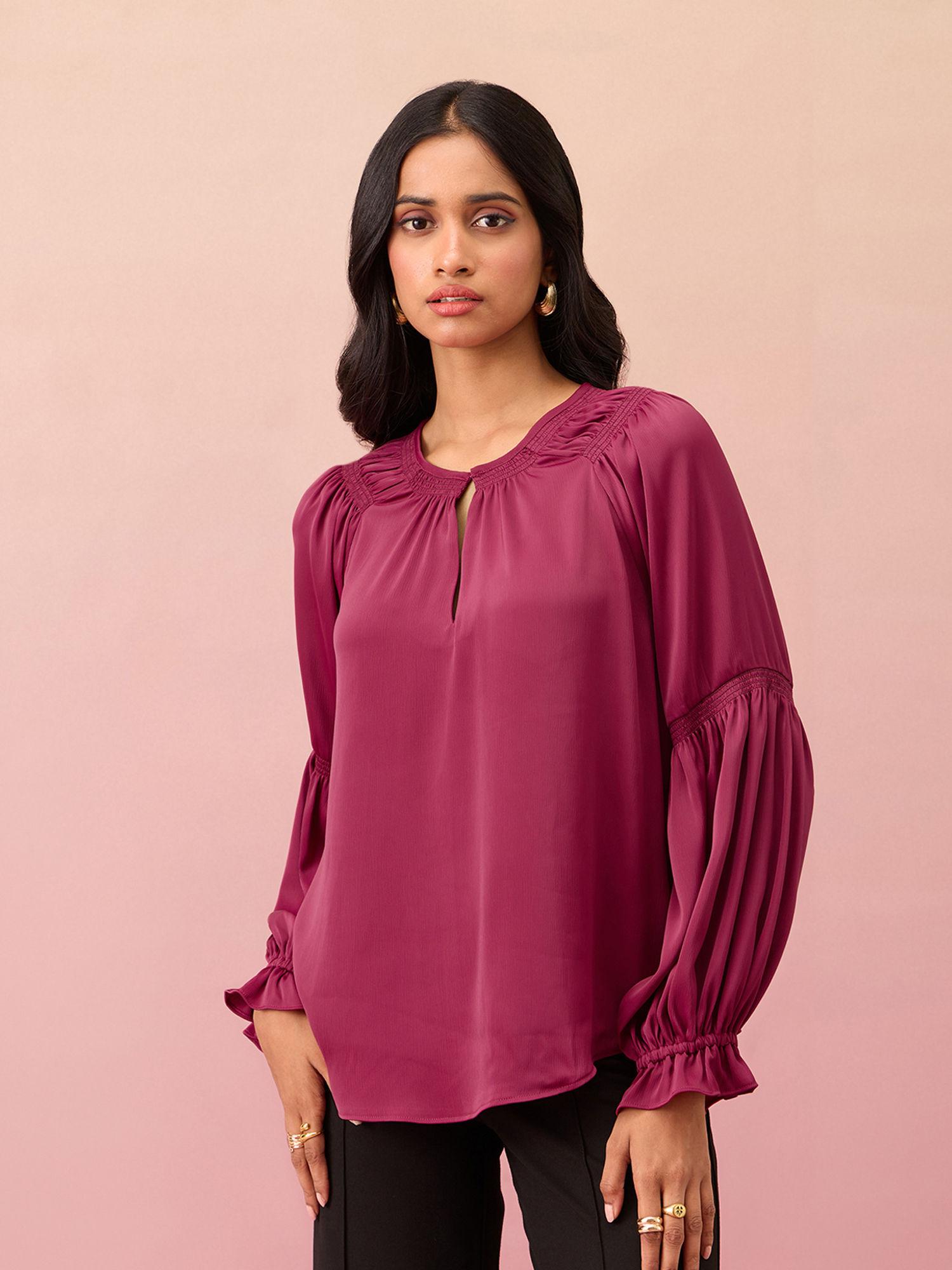 pink solid round neck raglan sleeves satin top