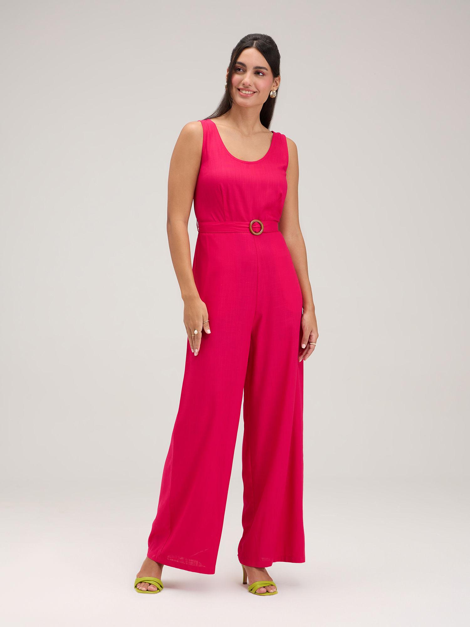 pink solid round neck sleeveless jumpsuit (set of 2)
