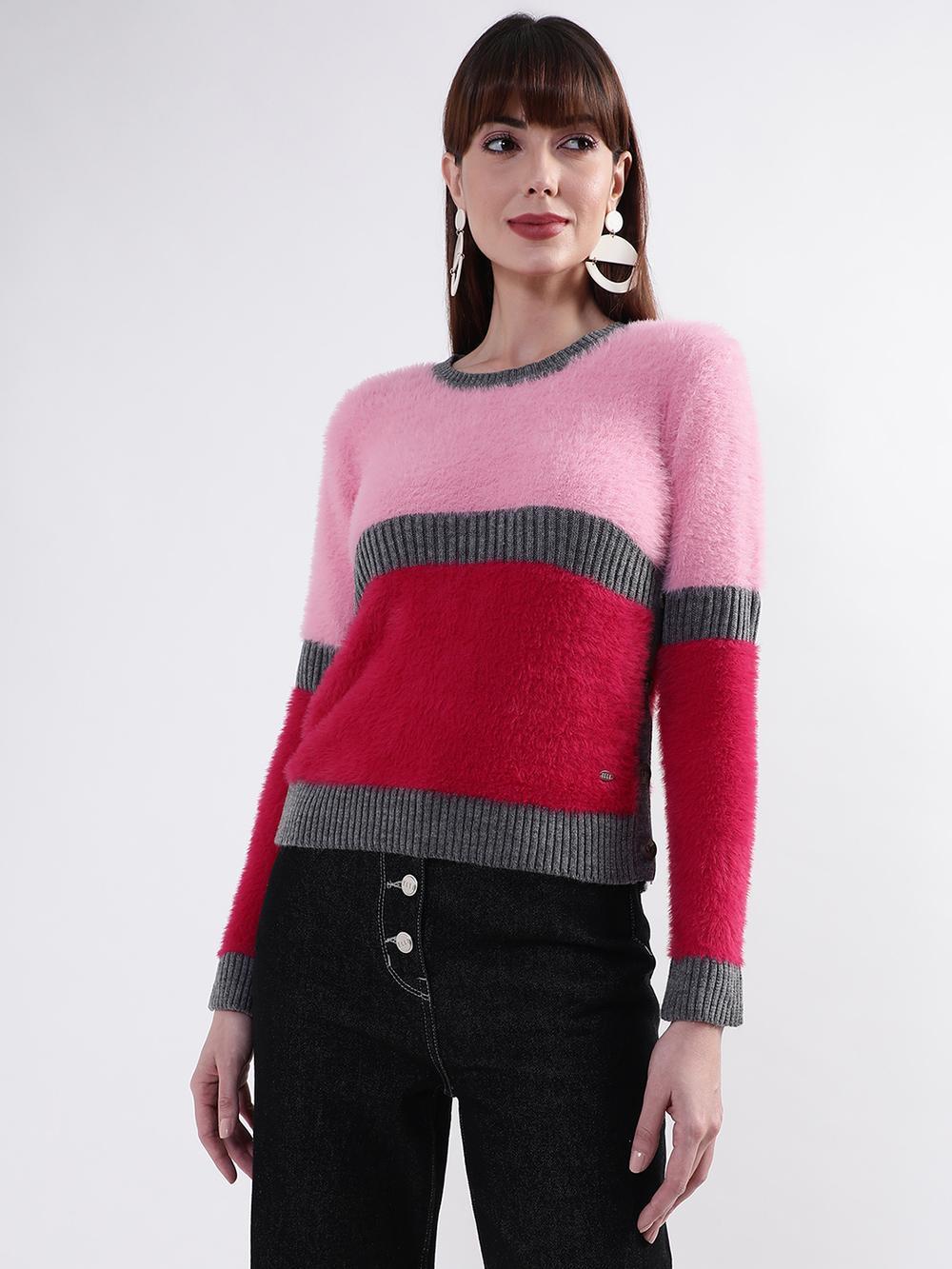 pink solid round neck sweater