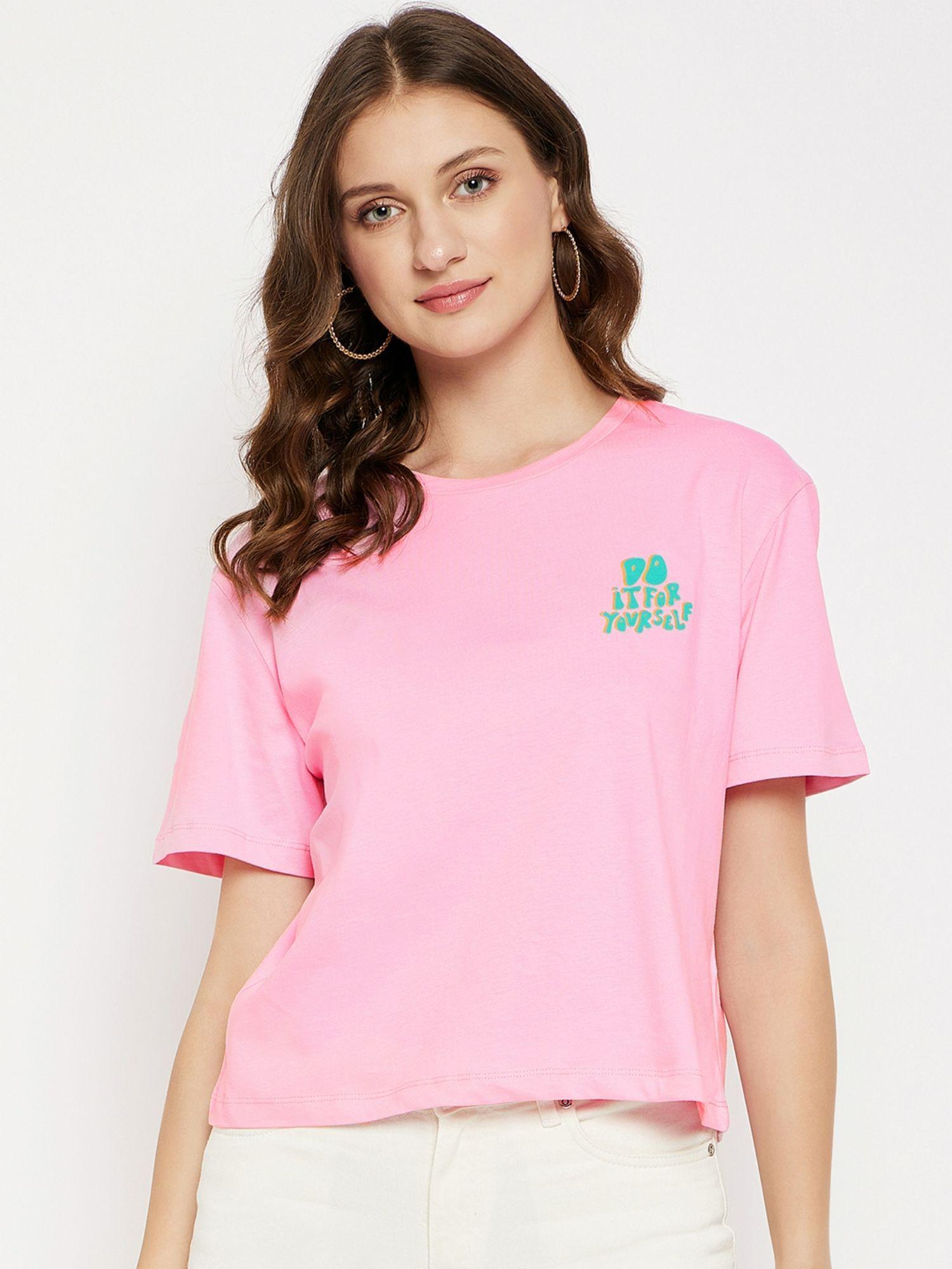 pink solid round neck tops