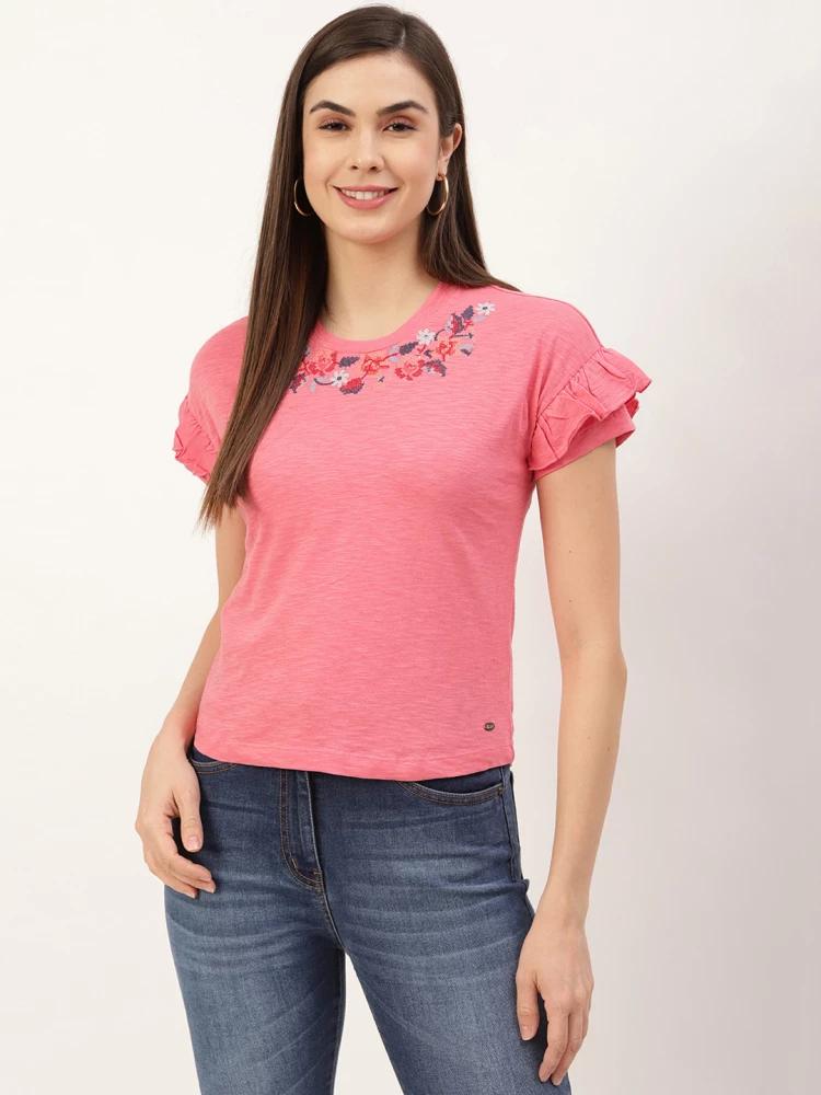 pink solid round neck tshirt