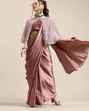 pink solid satin saree with cape
