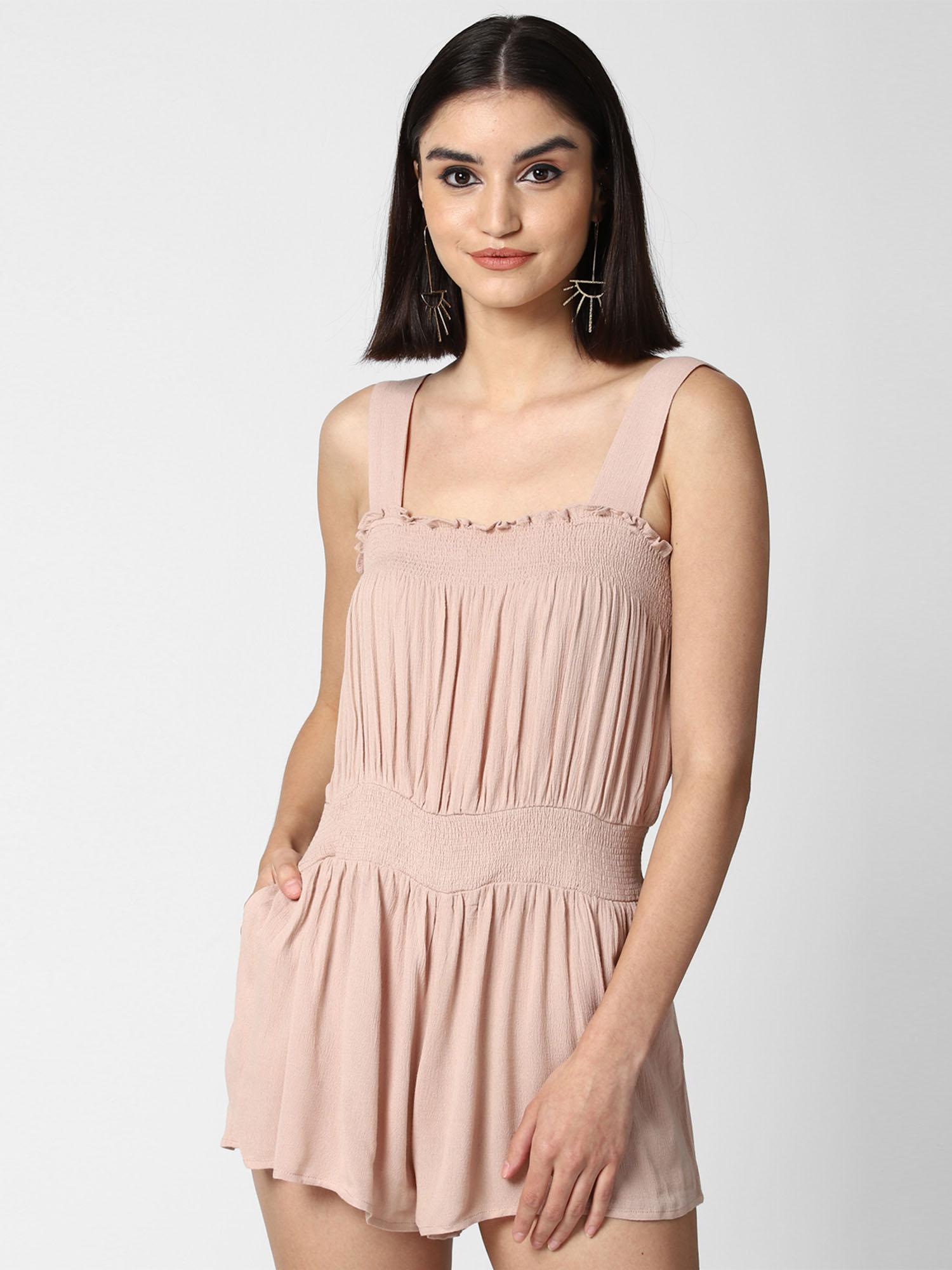 pink solid shirred lettuce-edge romper