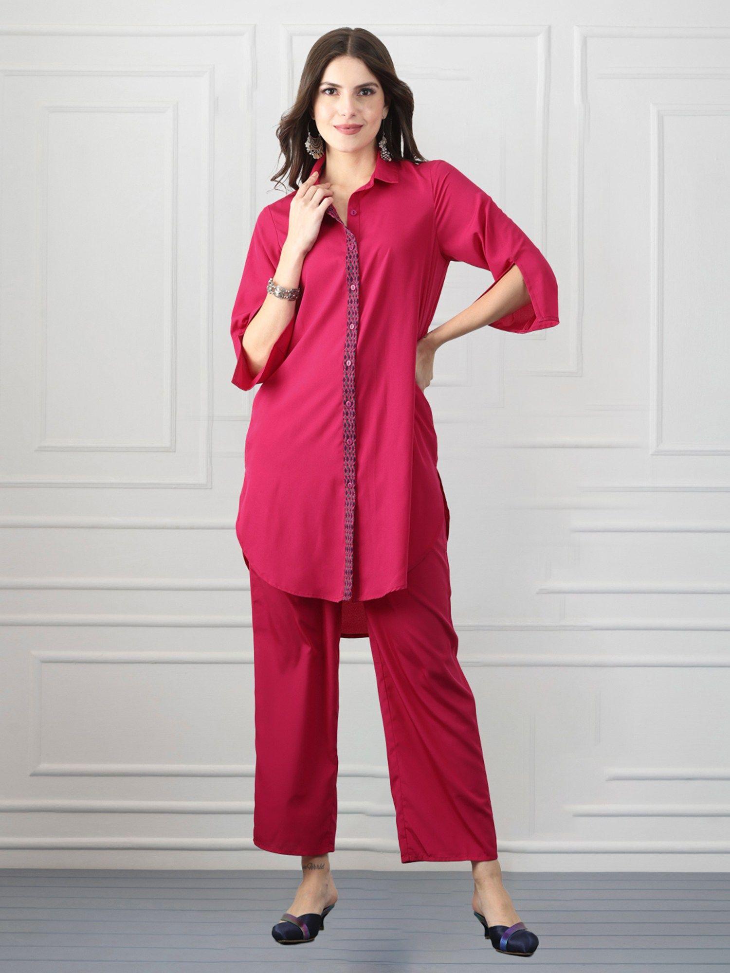 pink solid shirt collar ethnic kurti