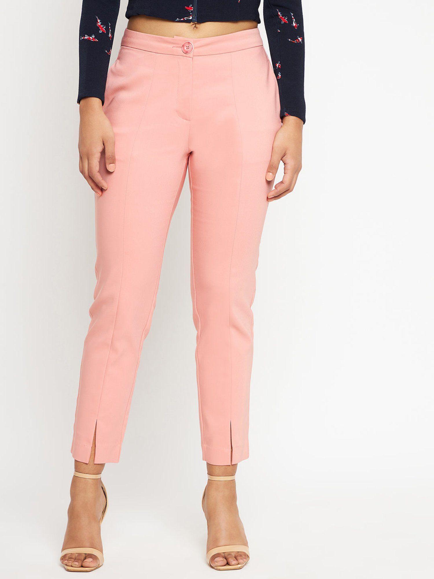 pink solid skinny fit trousers