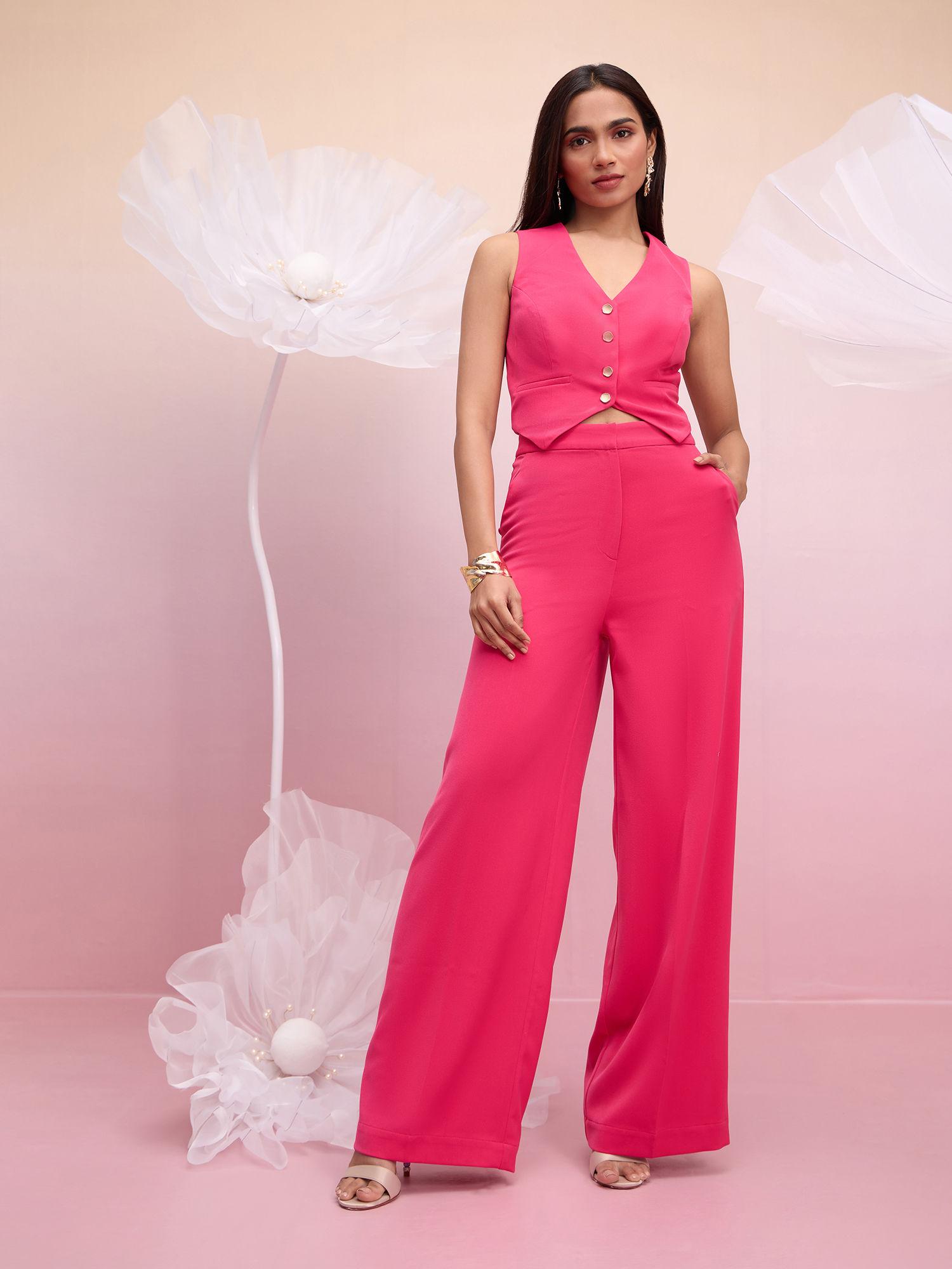 pink solid sleeveless vest high waist pants co-ord (set of 2)