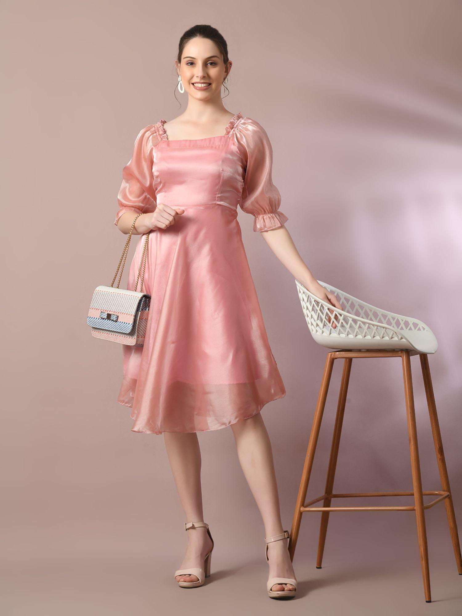 pink solid square neck fit and flare party dress